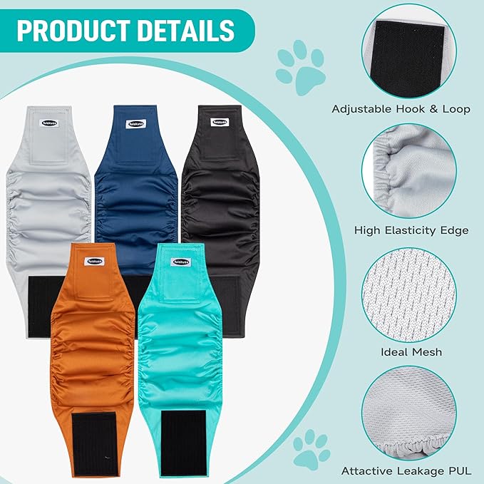 Male Dog Diapers, High Absorbing Dog Belly Bands for Male Dogs, Washable Reusable Dog Male Wraps(5 Pack)