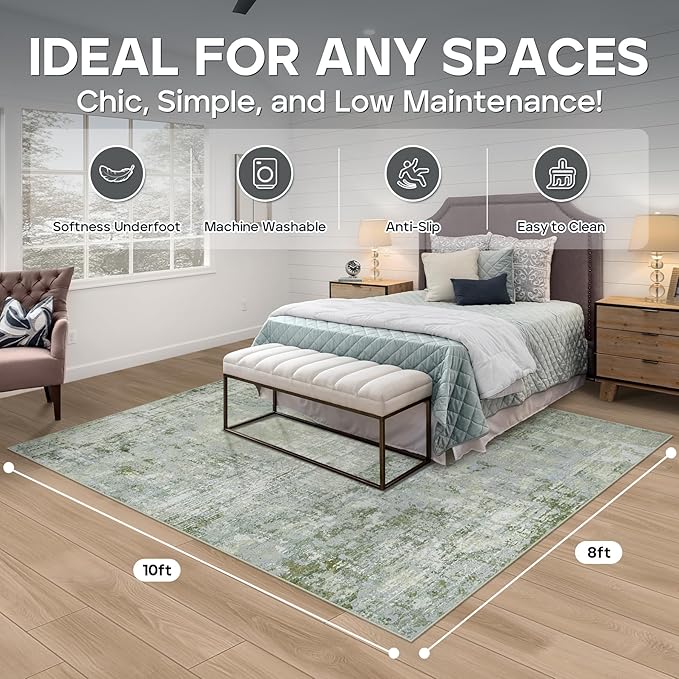 8x10 Area Rugs for Living Room Rug Washable: Modern Large Rug for Dining Room Bedroom Carpet Non Slip 8 by 10 Indoor Abstract Nursery Home Office Green