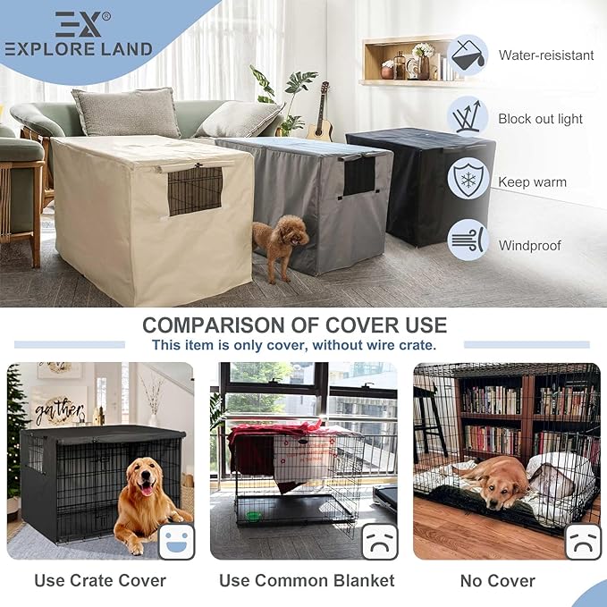 Explore Land Dog Crate Cover Heavy Duty Polyester Pet Kennel Sunshade Universal Fit for 54 inches Wire Cage (Black)