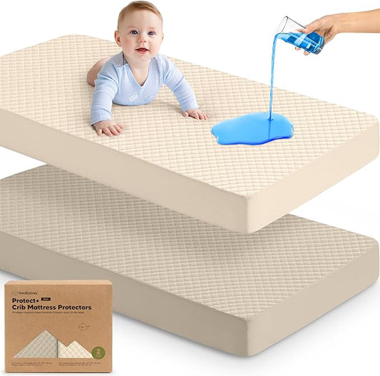 Waterproof Crib Mattress Protector Cover Fitted - 2-Pack Quiet Baby Crib Mattress Pad Sheets, 52" x 28" Soft Quilted Cotton Baby Sheet, Machine Washable, Easy Fit, Durable (Ecru/Quin)