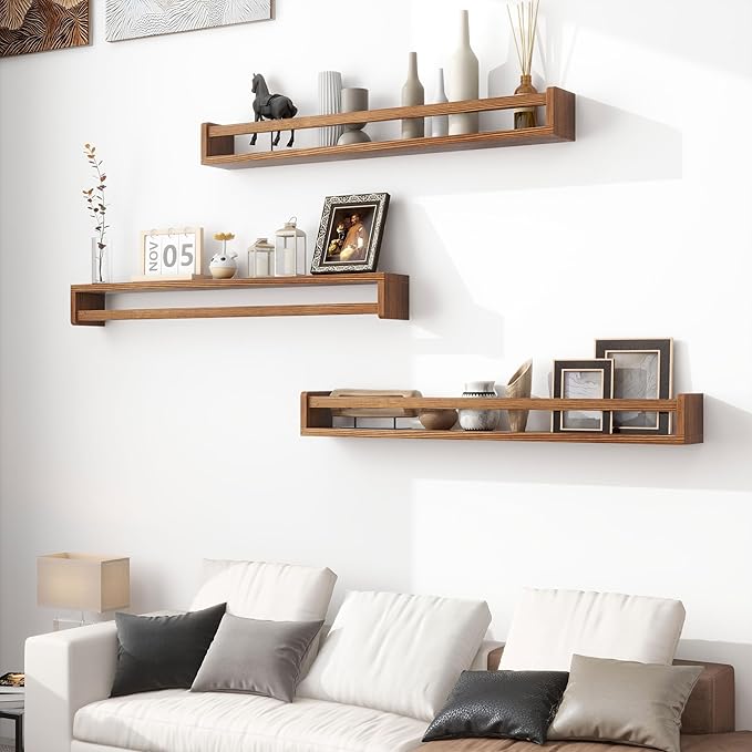 Fun Memories Nursery Book Shelves - Rustic Natural Solid Wood Floating Bookshelf for Kids - Wall Book Shelves for Kids Room (Carbonized, 32inch - 2P)