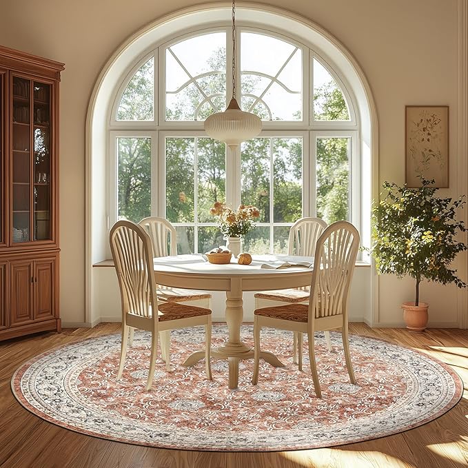jinchan Round Rug 7ft Washable Circle Soft Rug - Low Pile Vintage 7'Round Indoor Orange Floral Print Stain Resistant Boho Carpet Ultra-Thin Non-Slip for Living Room Bedroom Dining Room Kitchen