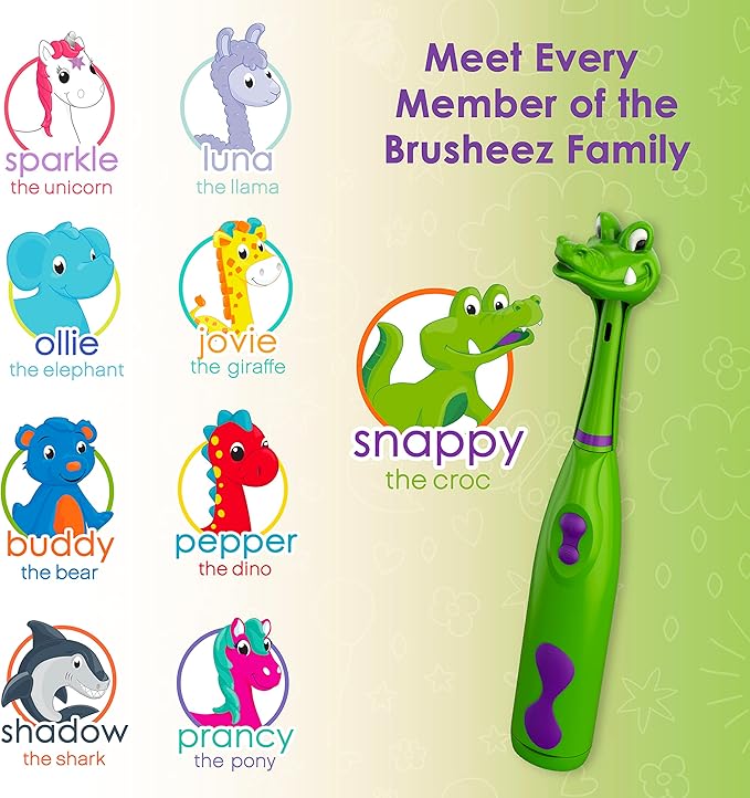 Brusheez Kids’ Electric Toothbrush Set - Safe & Effective for Ages 3+ - Parent Tested & Approved with Gentle Bristles, 2 Brush Heads, Rinse Cup, 2-Minute Timer, & Storage Base (Snappy The Croc)