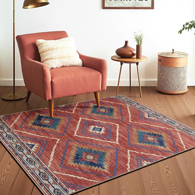 BESTSWEETIE Area Rug 4x4 Rug Machine Washable Non-Slip Low Pile Print Pattern
