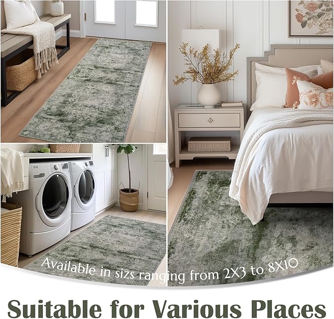 jinchan Green Runner Rug 2x6 - Vintage Floral Machine Washable Distressed Design Non-Slip Low-Pile Soft Thin Carpet for Hallway Kitchen Farmhouse Bedroom Entryway Laundry Room (2x6ft,Forest Green)