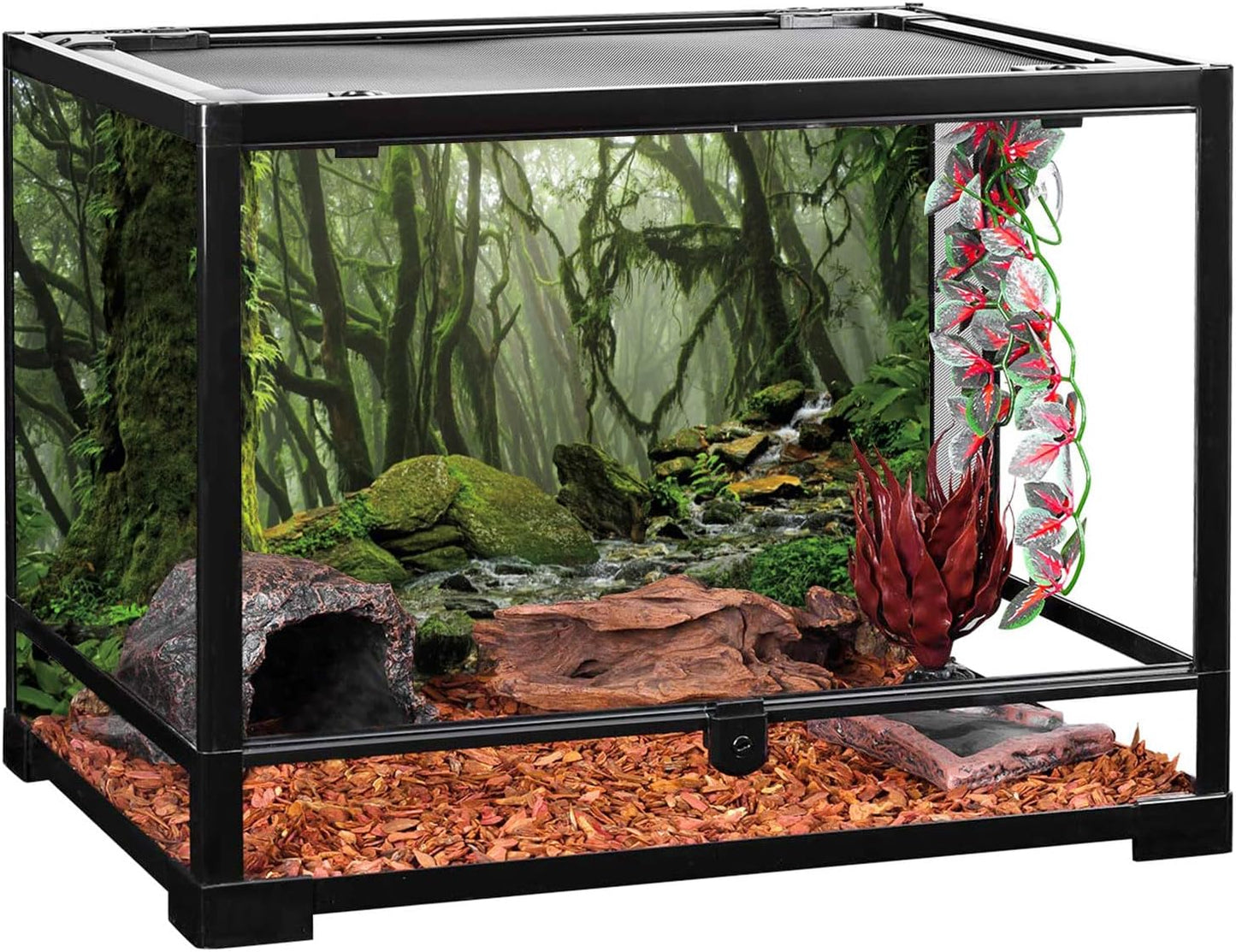 AWERT Foggy Forest Terrarium Background Stream Green Huge Tree Reptile Habitat Background Tropical Rainforest Aquarium Background 72x24 inches Durable Polyester Background