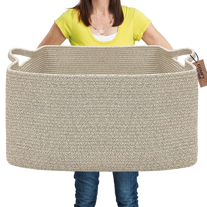 COMFY-HOMI Large Rectangular Blanket Basket, Woven Cotton Rope Baskets for Storage, Laundry Hamper Basket, Storage Bin,Toy Organizing Bin with Handle, Organization and Storage-22x15x12”-Brown