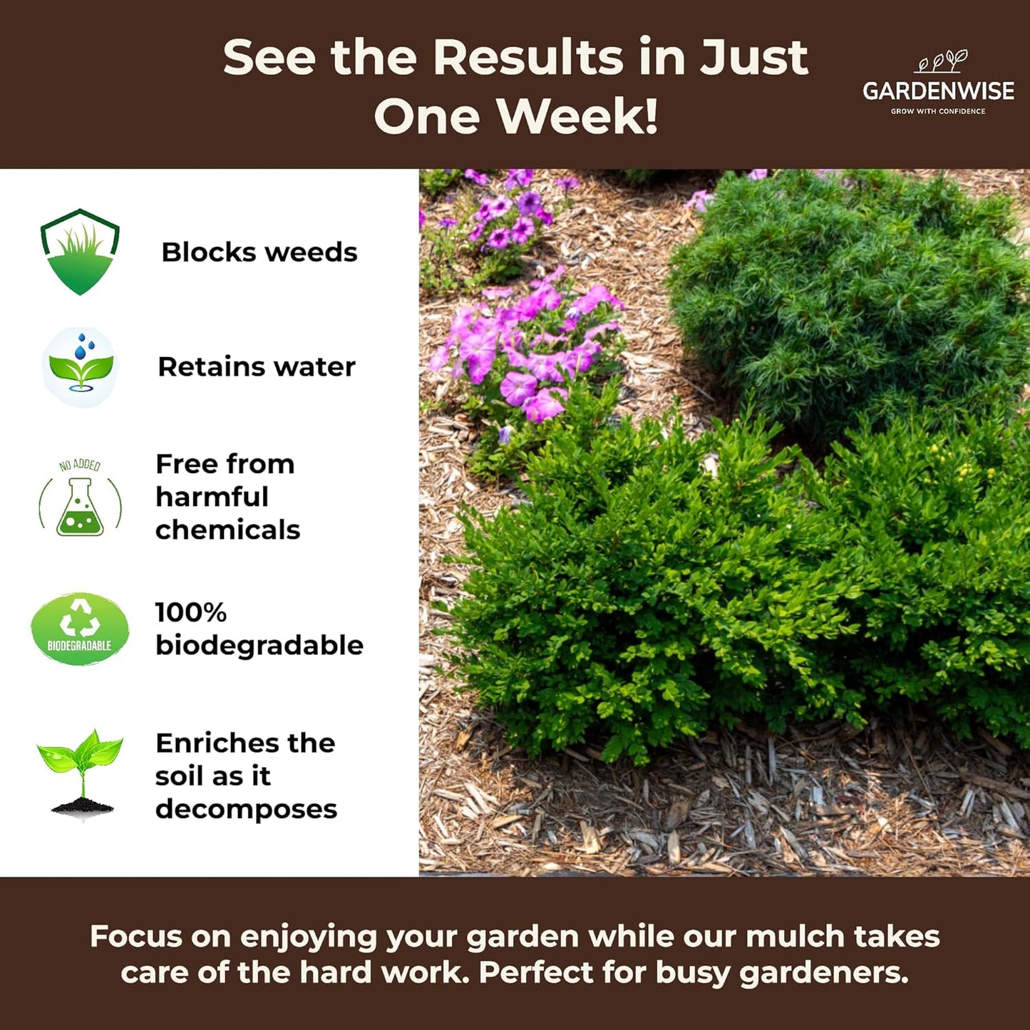 Premium Organic Wood Mulch for Gardens, Landscaping, Potted Plants, and Vegetable Gardens (0.3 CF - 8 L - 9 QTS)