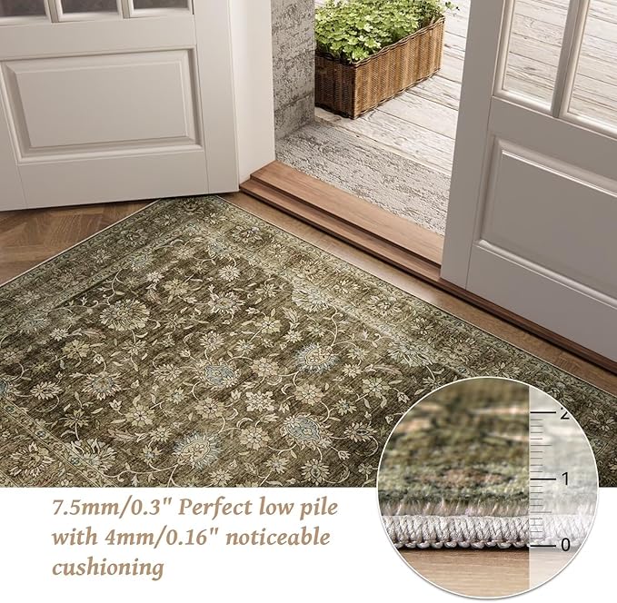 Washable 9x12 Area Rugs for Living Room, Boho Non-Slip Silicone Backing Rugs for Bedroom Dining Room Nursery Office, 0.3" Neutral Oriental Throw Carpet with 0.16" Cushioning Pad, Flaxen/Multi