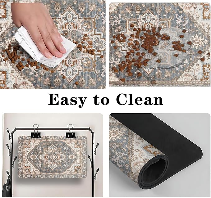 Dog Food Mats for Floors, Absorbent and Quick-Drying Pet Cat Food Mat,Anti-Fouling and Easy-to-Clean Pet Feeding Mat,Dog Bowl Mat for Messy Drinking Water Bowls.16 x24, Bohemia Style