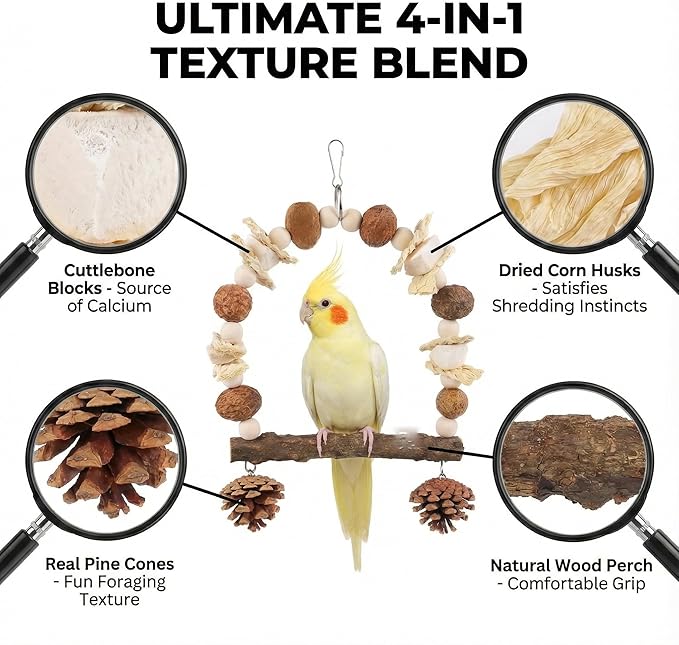 Bird Swing Toy with Cuttlebone & Corn Husks - Hanging Parrot Perch with Chewing Pine Cones - Cage Shredding Accessories for Cockatiels Parakeets Conures Budgies