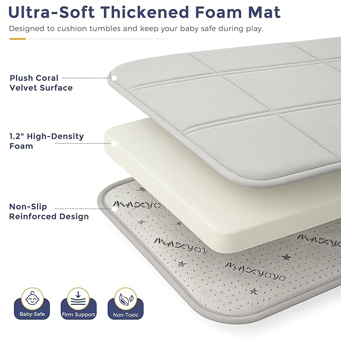MAXYOYO 1.2" Thick Baby Play Mat for Floor, 59"x 78" Foldable Playpen Mat, Tummy Time Foam Mats Ultra Soft Support, Padded Carpet with Non-Slip Backing for Infant,Kids and Toddler Crawling, Grey