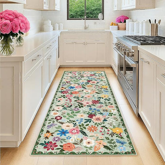 Runner Rug for Entryway: 2x10 Kitchen Rugs Non Slip Washable Ultra-Thin Soft Floral Carpet Indoor Floor Stain Resistant Carpets for Hallway Bedroom Kitchen Laundry Bathroom Dorm Green