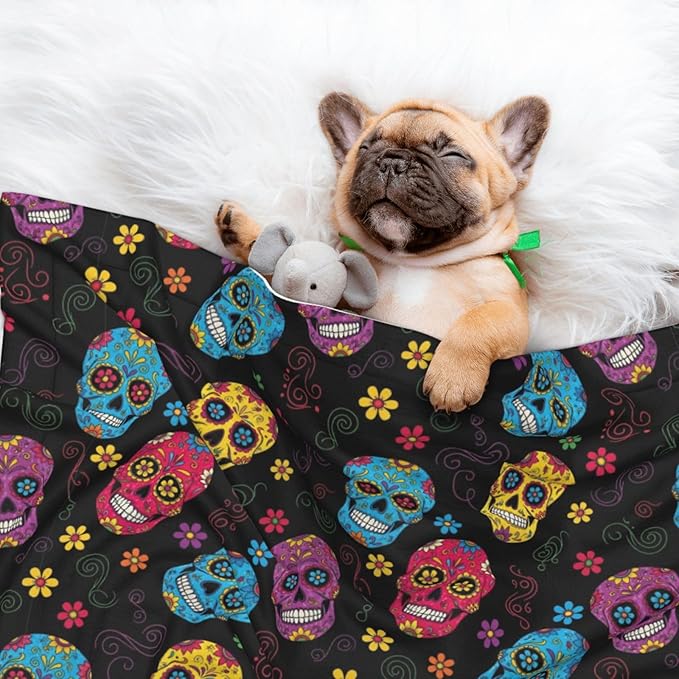 Reversible Pet Blanket for Easy Cleaning Maintenance, Sugar Skulls, Double Sided Plush Dot Design Means Double Use Between Washes for Convenience