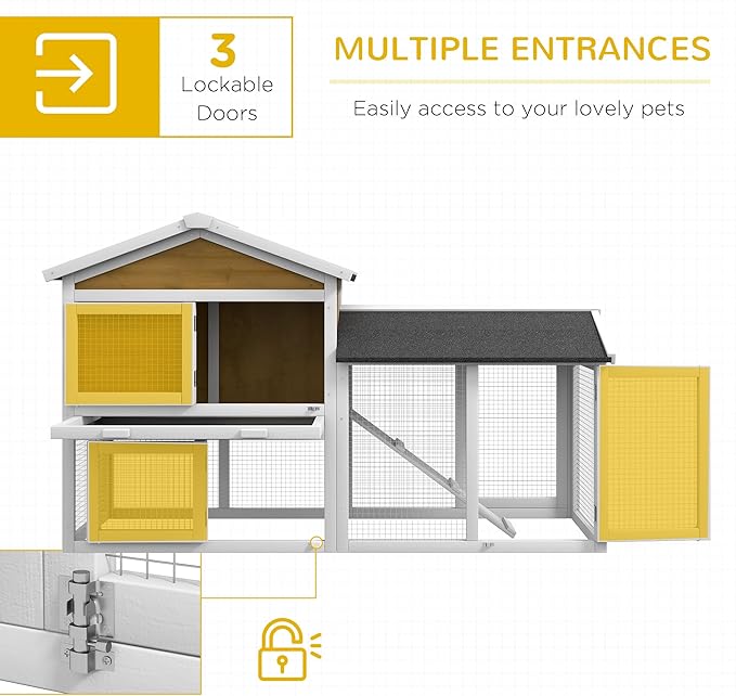 PawHut 58" Rabbit Hutch, Wooden Bunny Hutch, Guinea Pig Cage, Small Animal Enclosure with Run Area, Removable Tray, Asphalt Roof, Lockable Doors and Ramp, Nature Wood