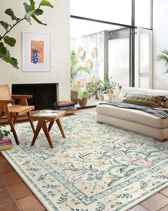 Wonnitar Large Washable 8x10 Rug, Boho Living Room Rug 8 x 10, Soft Floral Carpet for Bedroom Non Slip, Indoor Soft Beige Carpets for Dining Room Apartment Office