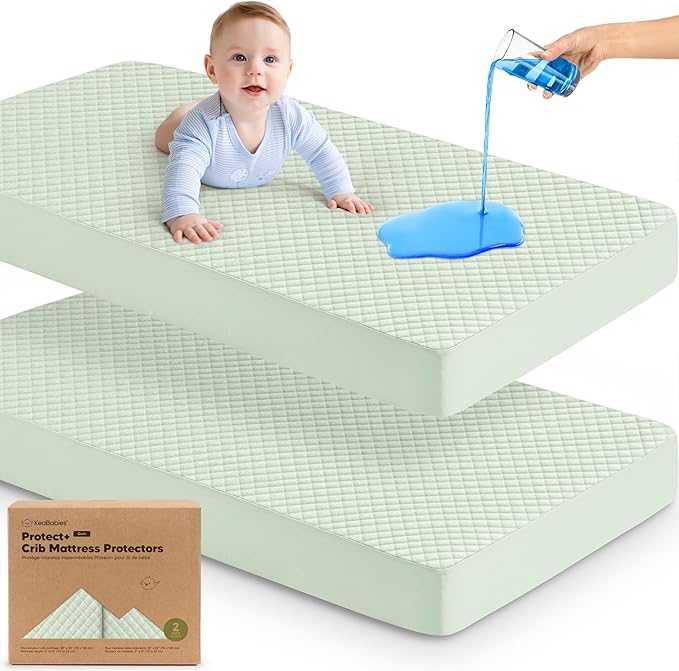 Waterproof Crib Mattress Protector Cover Fitted - 2-Pack Quiet Baby Crib Mattress Pad Sheets, 52" x 28" Soft Quilted Cotton Baby Sheet, Machine Washable, Easy Fit, Durable (Aloe/Quin)