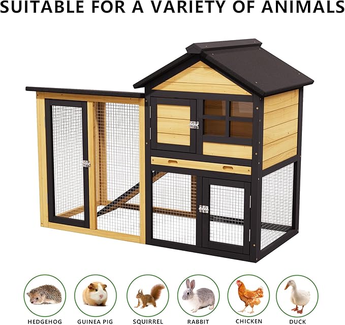Chicken Coops Outdoor Wooden Double-Decker Chickens with Deep Push-Pull Trays, Non-Slip Slopes, Waterproof Asphalt Roof Suitable for a Variety of Animals (Yellow Black)