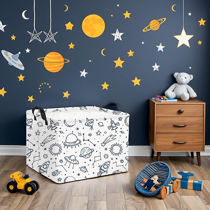 HIYAGON Rectangular Space Basket for Boys Kids Baby Storage Basket Storage Bin Organizer Box Room Decor(Spaceships)