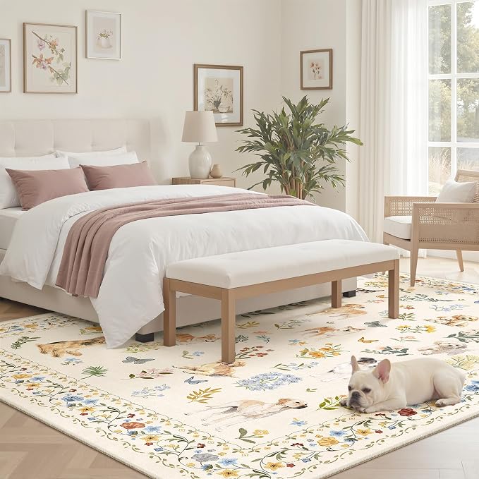 Soalmost Dog 6x9 Area Rugs for Living Room, Machine Washable Animal Floral