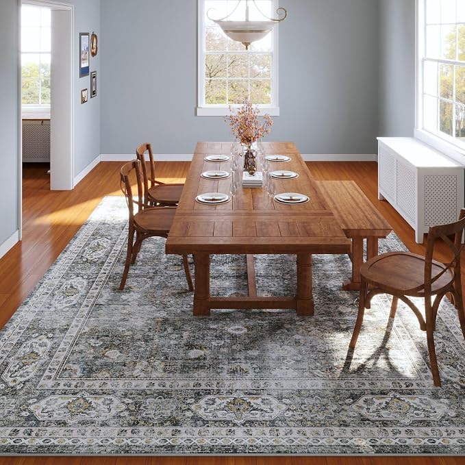 Rugcomf 9x12 Rug Washable Boho Soft Large Area Rug Non-Slip Faux Wool Vintage