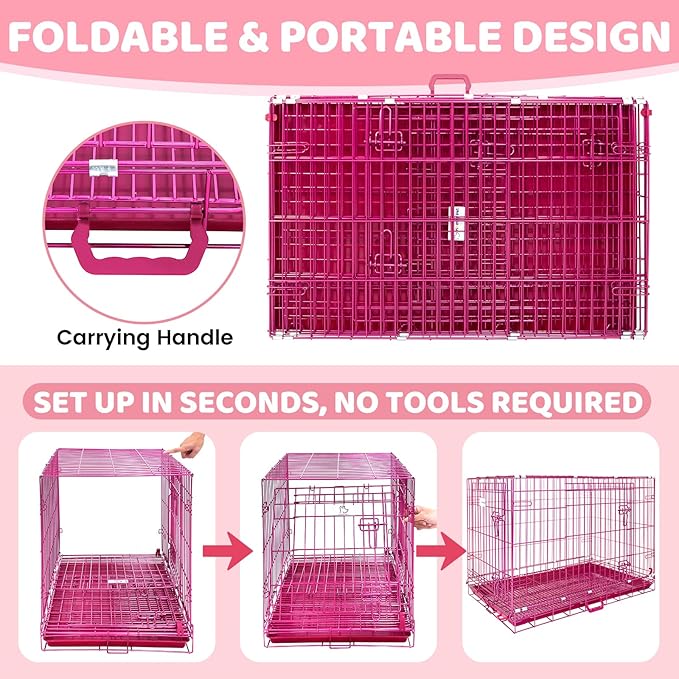 HOMEY PET Pink Dog Cage Large Dogs, Cute 42 Inch Dog Crate Big Collapsible XL Dog Kennel, Nano-Coated Metal Wire Dog Crate with Removable Floor Grid Tray, Double Doors Dual Locks, Portable Handle