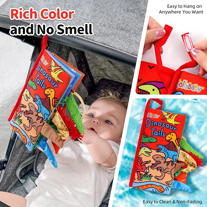 Jollybaby Baby Books 0-6 Months, Touch and Feel Crinkle Soft Cloth Books for Infants Babies, Toddler Early Educational Interactive Stroller Sensory Toys, Baby Girl & Boy Gift(Dinosaur Tails)