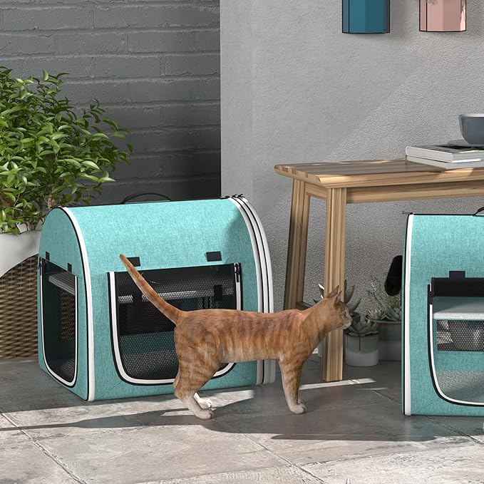 PawHut 39" Portable Soft-Sided Cat Carrier, Cat Kennel, Travel Dog Crate with Divider, Two Compartments, Soft Cushions & Storage Bag, Easy to Fold, Green