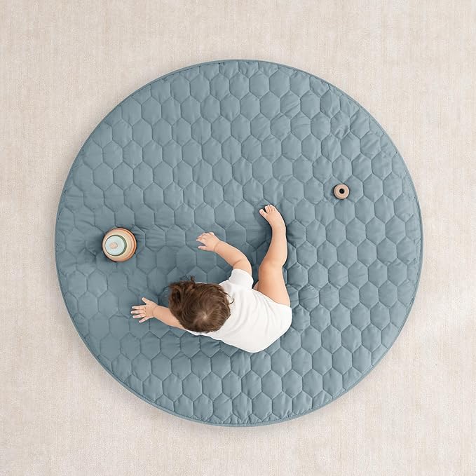 Comfy Cubs Round Kids Play Mat - Medium 48 inches Soft Quilted Baby Floor Mat with Non-Slip Bottom - Plush Design for Toddlers' Playtime and Relaxation - Comfortable and Durable - Pacific Blue