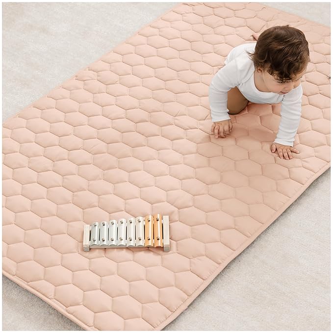 Comfy Cubs Rectangle Kids Play Mat - Small 36 x 60 inches Soft Quilted Baby Floor Mat with Non-Slip Bottom - Plush Design for Toddlers' Playtime and Relaxation - Comfortable and Durable - Blush