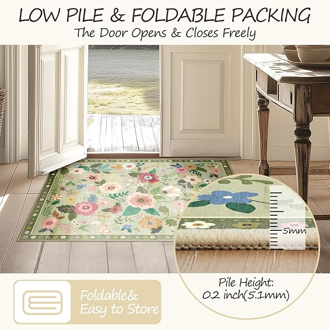 Floral 4ft Area Rug Machine Washable Soft Print Boho Carpet Non Slip Doormat Low Pile Flower Area Rugs for Living Room Bedroom Nursery Kitchen Dining Room Indoor-Light Green