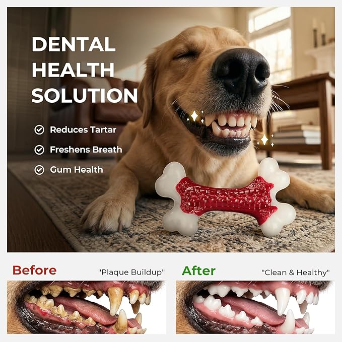 Indestructible Dog Toys for Aggressive Chewers: Beef Flavored Hard Nylon Bone Chew Toys, Tough Dog Chew Toys for Large Dogs, Dog Toys to Keep Them Busy for Medium Large Breed (20-80 lbs), Red