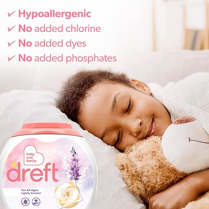 Dreft Laundry Detergent Pacs, Lightly Scented, Lavender, HE Compatible, For Baby and Family, XL Pacs, 45 Count