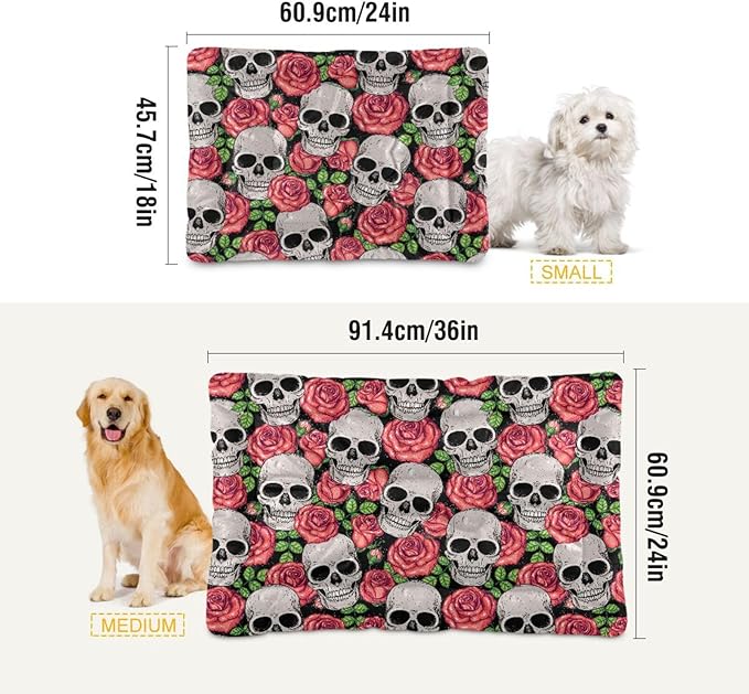 Pet Bed Gothic Skull Roses Dog Bed Mat Absorbing Non Slip Pad Pet Sleeping Mat for Small, Medium, and Large Dogs Puppy Cat 36 in x 24 in
