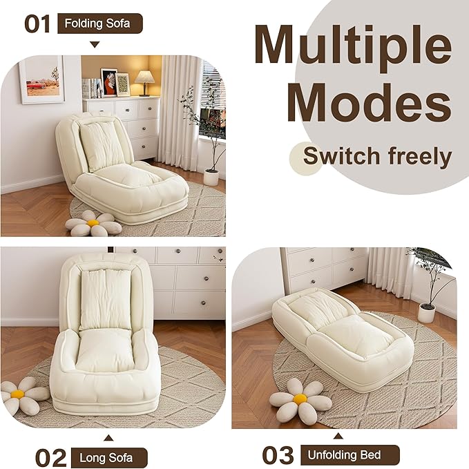Adjustable 5-Position Human Dog Bed for People, Big Comfy Plush Floor Gaming Lazy Sofa Chair with Pillows & Back Support, Foldable Lounge Loveseat Couch for Living Room Bedroom (Off White)