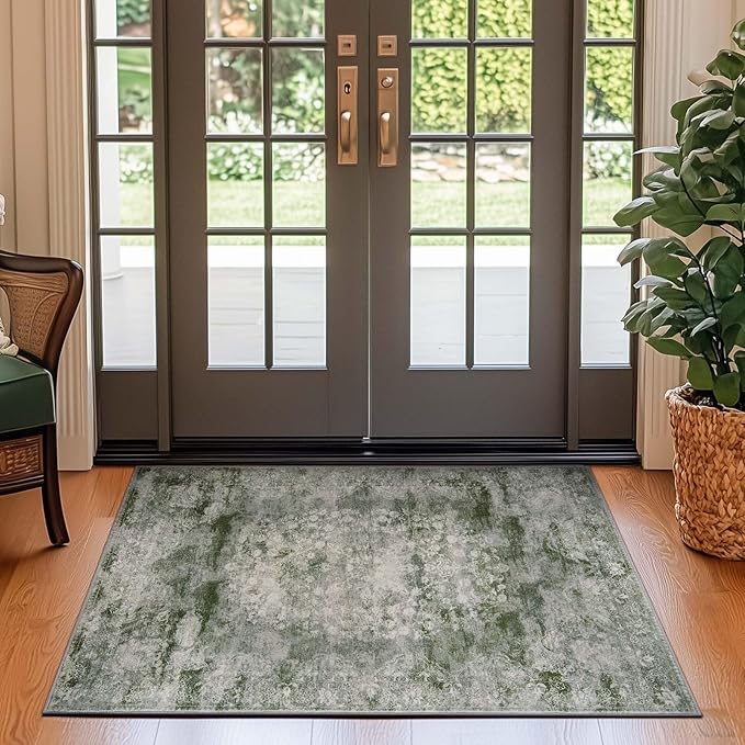 jinchan Green Floral 3x5 Area Rugs for Entryway - Machine Washable Vintage Distressed Design Low-Pile Soft Non-Shedding Carpet for Kitchen Bedside Laundry Living Room (3x5ft, Forest Green)