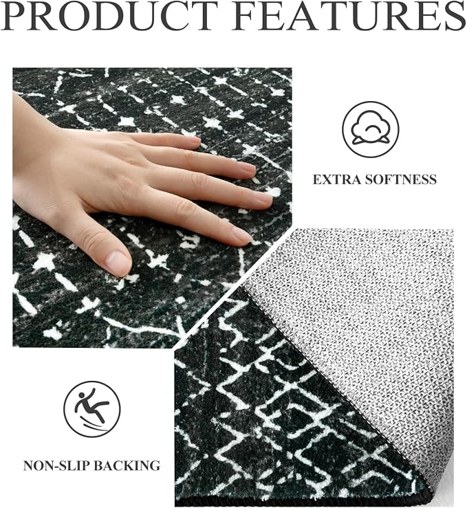 Lahome Moroccan 2x6 Black Runner Rug Non-Slip, Kitchen Rug Runner Washable