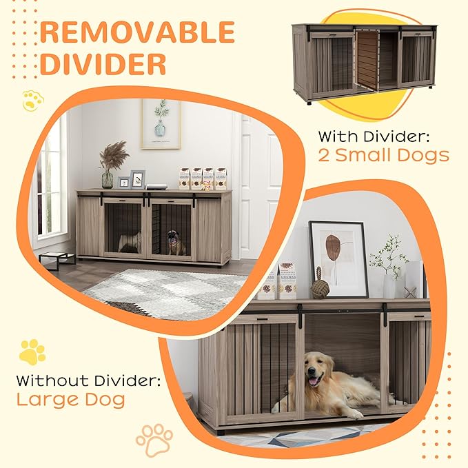PawHut Dog Crate Furniture with Removable Divider for 2 Small Dogs or 1 Large Dog, 71" Modern Kennel Furniture End Table with Storage, Double Doors, Walnut