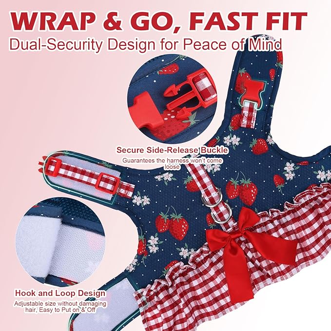 EXPAWLORER Dog Harness Small Medium Sized Dogs, Plaid Dog Dress Bowknot Harness and Leash Set, No Choke No Pull Soft Mesh Vest Cute Princess Puppy Outfits Clothes Costume for Girls Party Cats Navy S