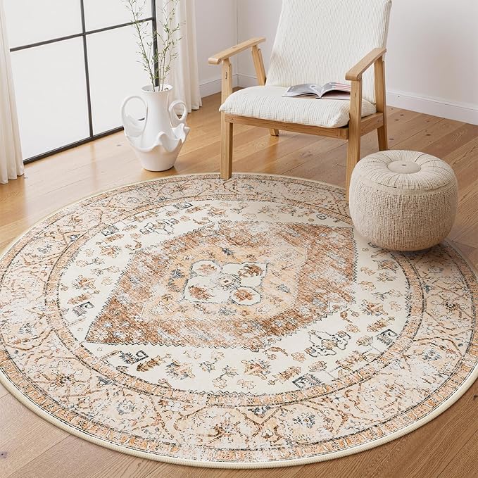 Lahome Boho Round Rugs - 4Ft Washable Non-Slip Small Round Area Rug Throw Lightweight Round Nursery Carpet Kids，Oriental Distressed Print Kitchen Mat for Bedroom Entryway Bathroom Living Room