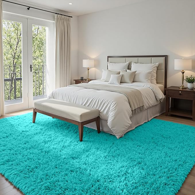 6x9 Area Rugs for Living Room Rug: Soft Fluffy Shag Teal Blue Rugs for Bedroom