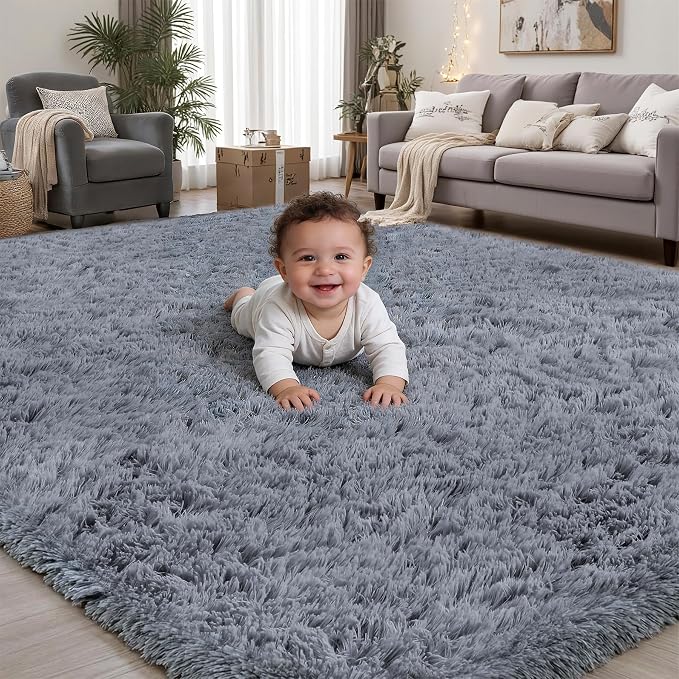 Area Rug for Living Room Bedroom: 6x9 Grey Soft Fluffy Shag Upgrade Non-Slip