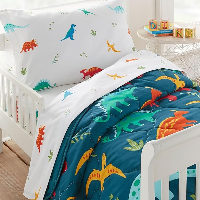 Wildkin Toddler Bed in a Bag – 4-Piece Microfiber Bedding Set with Comforter, Pillowcase & Sheets - Jurassic Dinosaurs