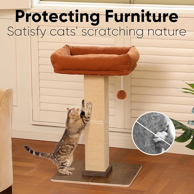 FUKUMARU Cat Scratching Post, Retro-Style Tall Scratch Posts with Perch for Infoor Cats Adults, Large Cat Scratcher Tower with Bed, Natural Sisal & Solid Wood