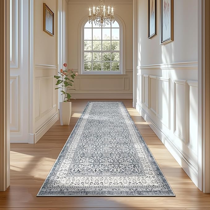 jinchan Hallway Runner Rug 2x10 - Machine Washable Grey Vintage Floral Distressed Design Soft Non-Slip Low-Pile Ultra-Thin Runner Rug for Kitchen Laundry Room Bedroom Farmhouse (2‘x10',Grey)