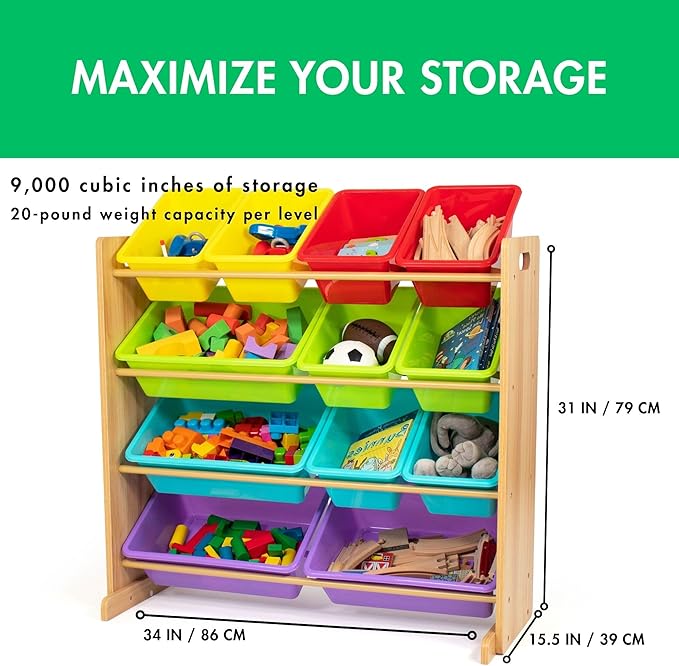 Humble Crew Kids Toy Storage Organizer with 12 Plastic Bins, Natural Wood/Rainbow – Removable Bins for Playroom, Bedroom, Toddler Furniture for Boys and Girls Ages