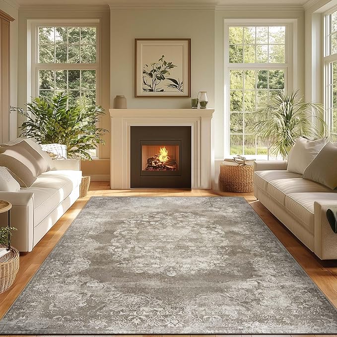 jinchan Washable Area Rug 8x10 for Living Room - Soft Faux Wool Ultra-Thin Stain Resistant Non-Slip Distressed Vintage Floral Large Carpet for Bedroom,Dining Room,Home Office,Nursery(Brown, 8'x10')