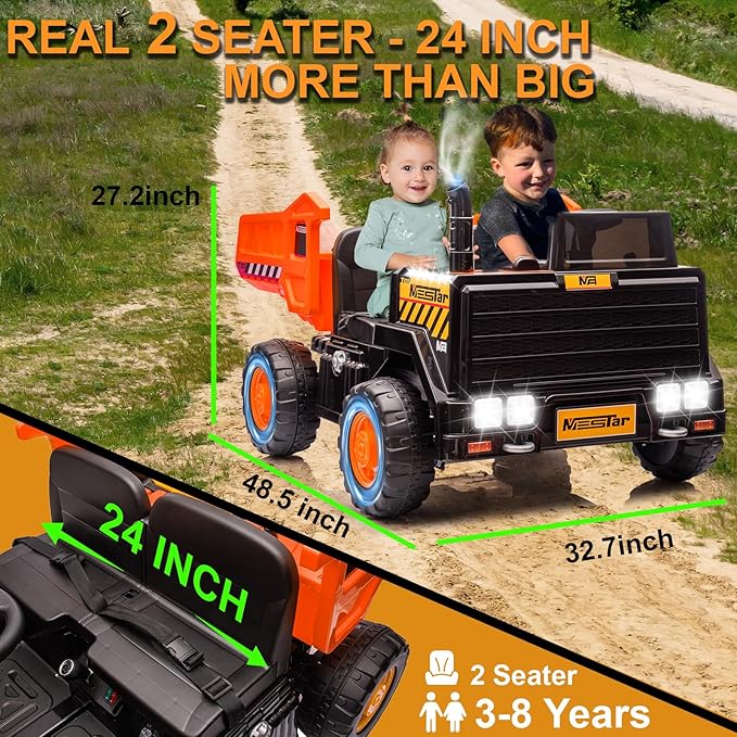 24V Ride On Dump Truck, 24inch-2 Seater Ride On Car for Kids w/Remote Control 4WD/2WD Up to 5 Mph, 24v Ride on Toys for Big Kids w/Electric Dump Bed Extra Shovel Traffic Cones (Orange)