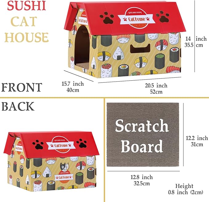 Cardboard Cat House with Scratcher – Red Sushi Carton Cat Box - 18''L x 15.5''W x 14''H for Cats up to 20 Lbs, Sturdy Kitty Playhouse & Hideaway - Indoor Feline Scratch Toy