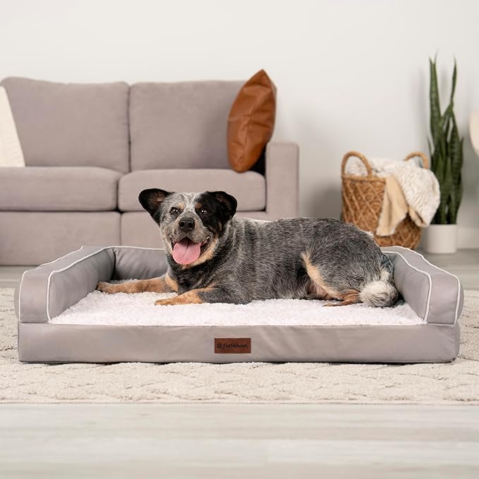 Furhaven Orthopedic Dog Sofa Bed – Memory Foam Couch with Bolsters, Textured Plush & Water-Resistant Cover, Washable Cover, Joint Support - Greige, Large